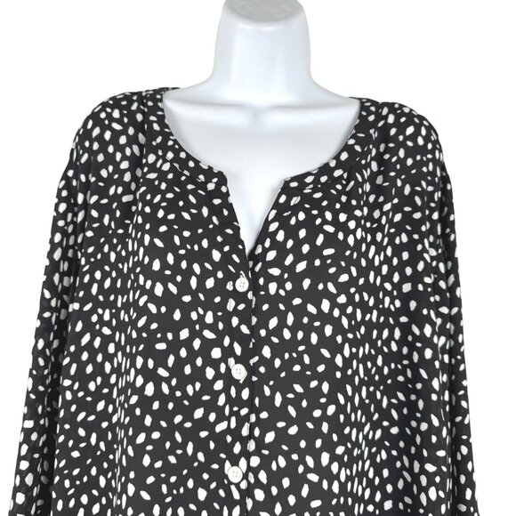 Catherines Top Shirt Blouse 3X Button Front Black White Print Tab Sleeve TP-3613 - Picture 4 of 10
